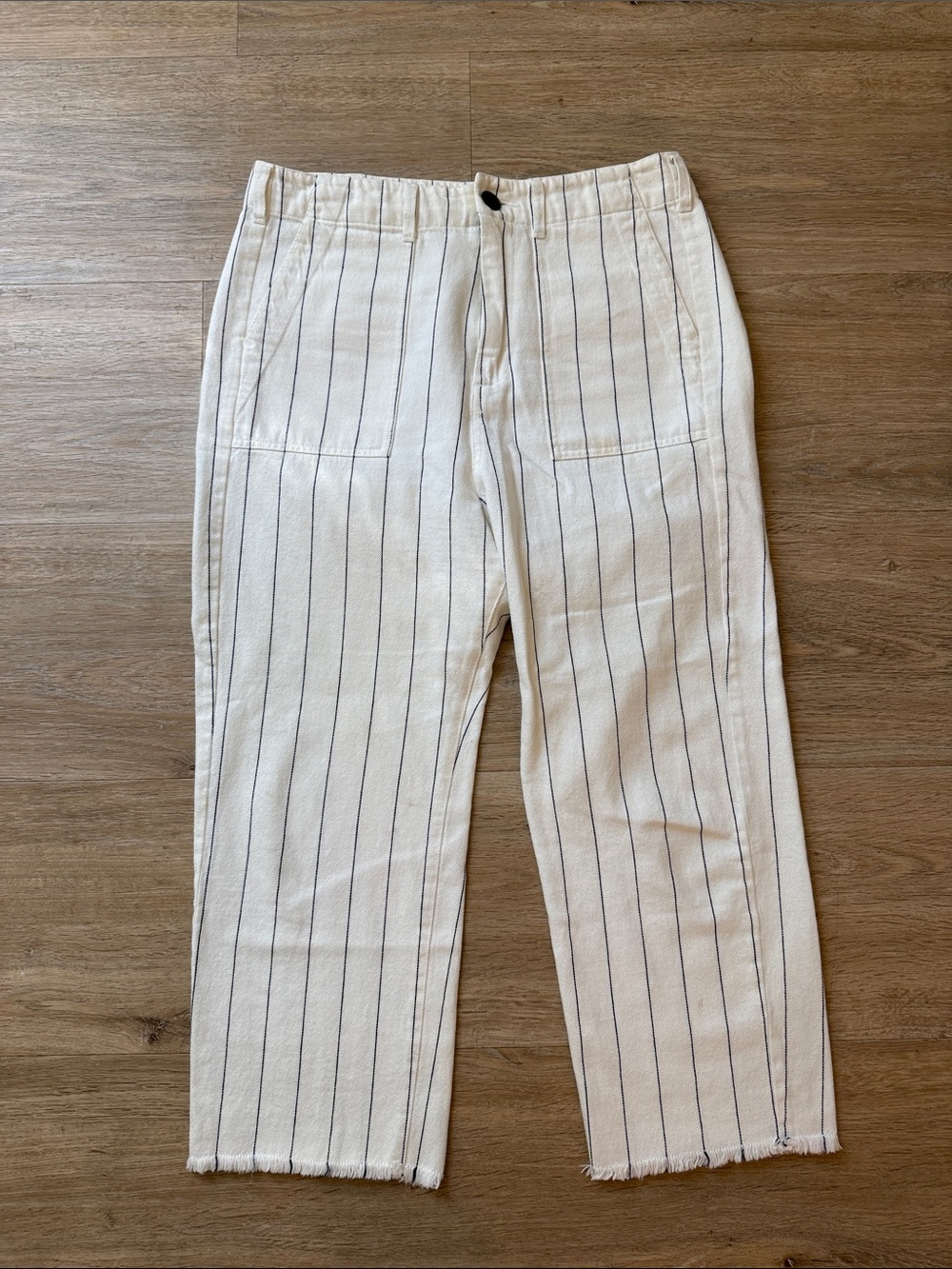 THE GREAT. White & Navy Pinstripe Cropped Trousers 28